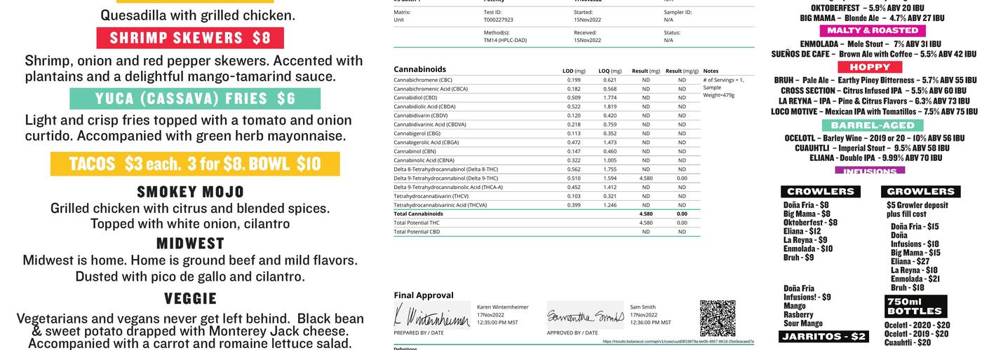 La Doña Cervecería Brewery Menu