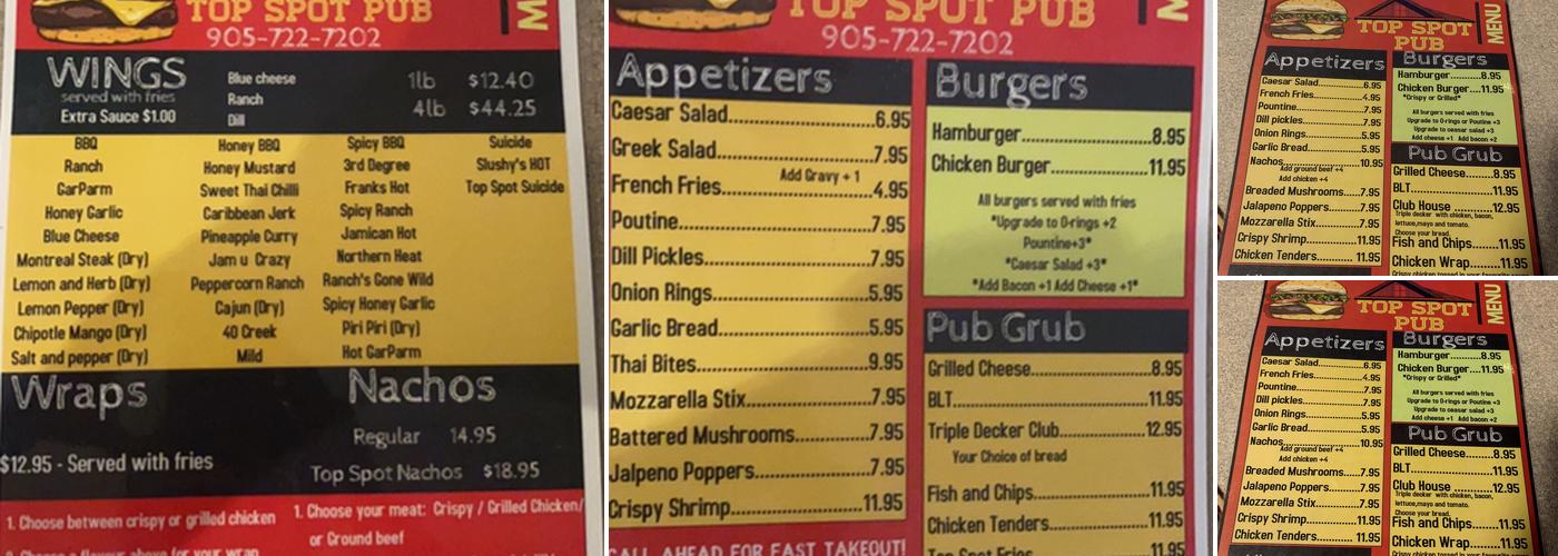 Top Spot Pub Menu