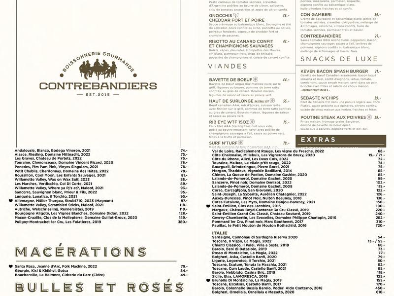 Les Contrebandiers Boissonnerie gourmande Menu
