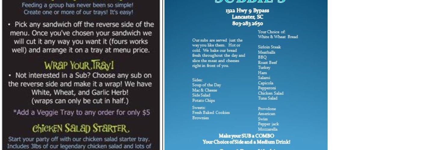 Subbies heath springs Menu