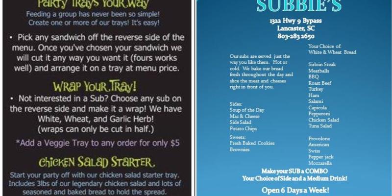Subbies heath springs Menu
