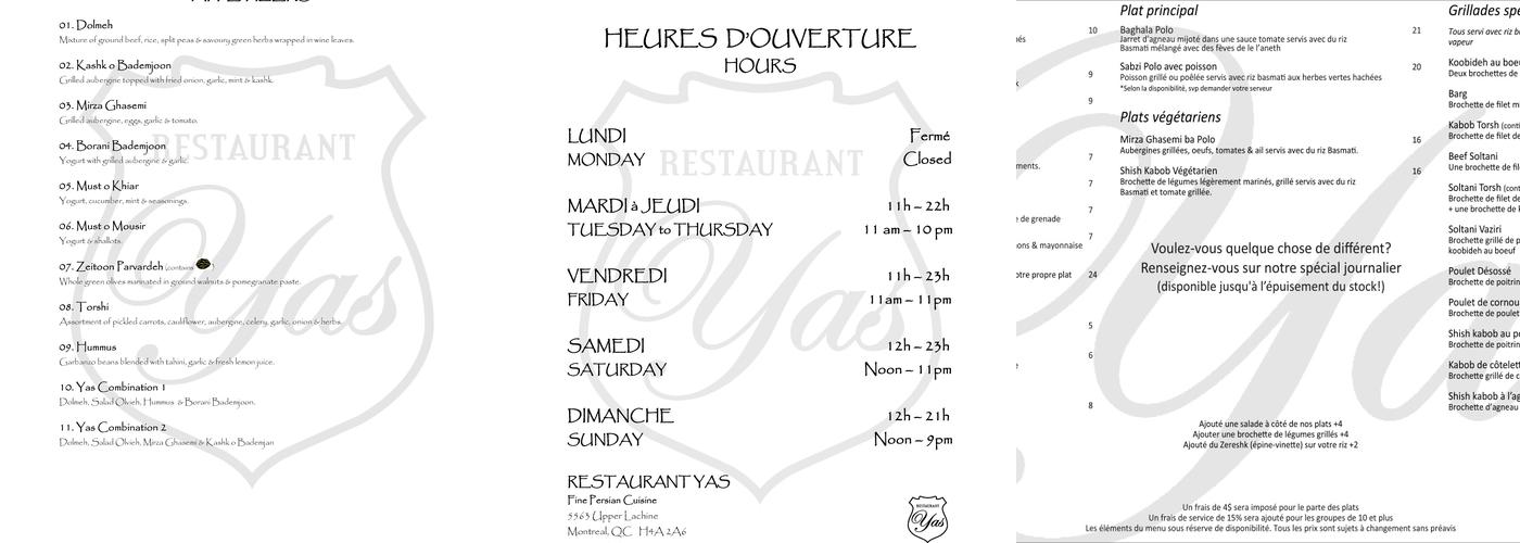 Restaurant Yas Menu