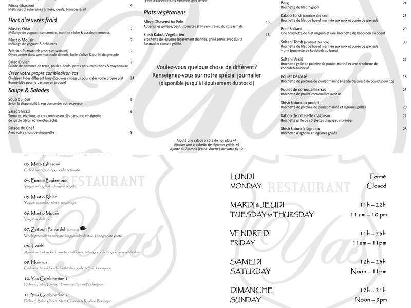 Restaurant Yas Menu