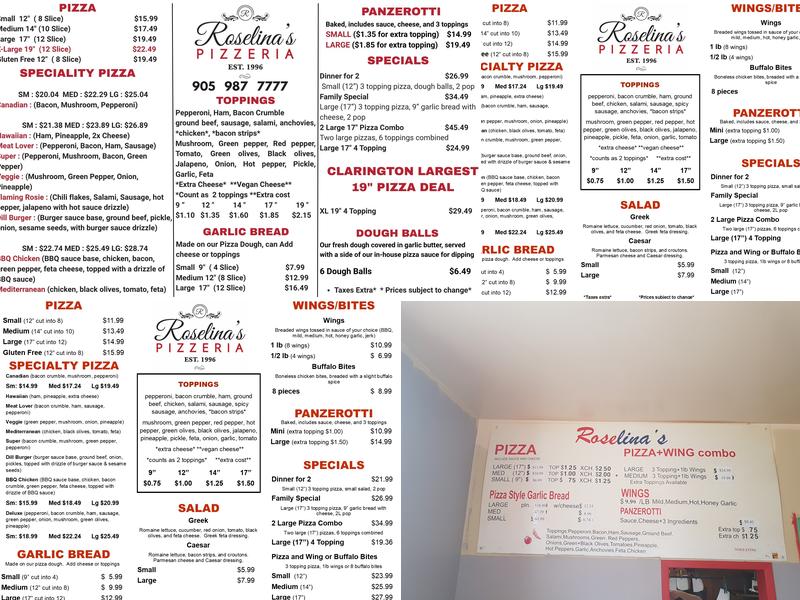 Roselina's Pizza Menu