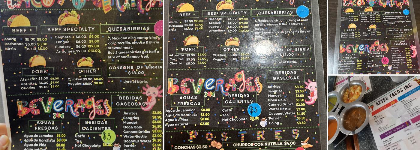 Aztec tacos Menu