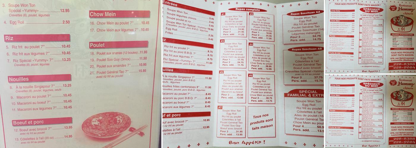 Restaurant Yummy Chinois Menu