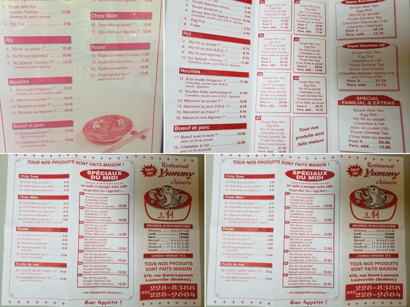 Restaurant Yummy Chinois Menu