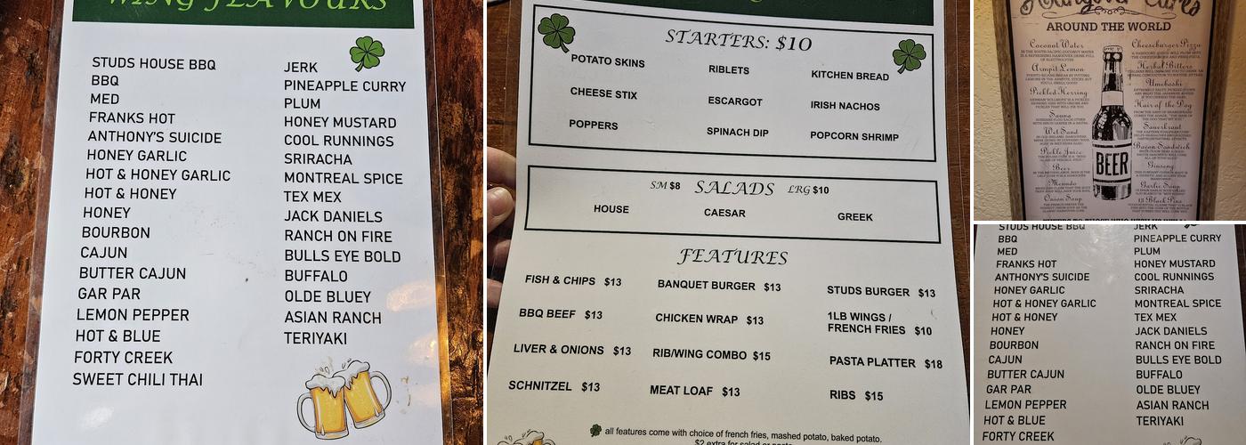 Studs Lonigans Pub Menu