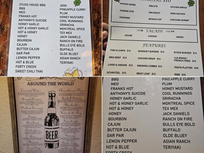 Studs Lonigans Pub Menu