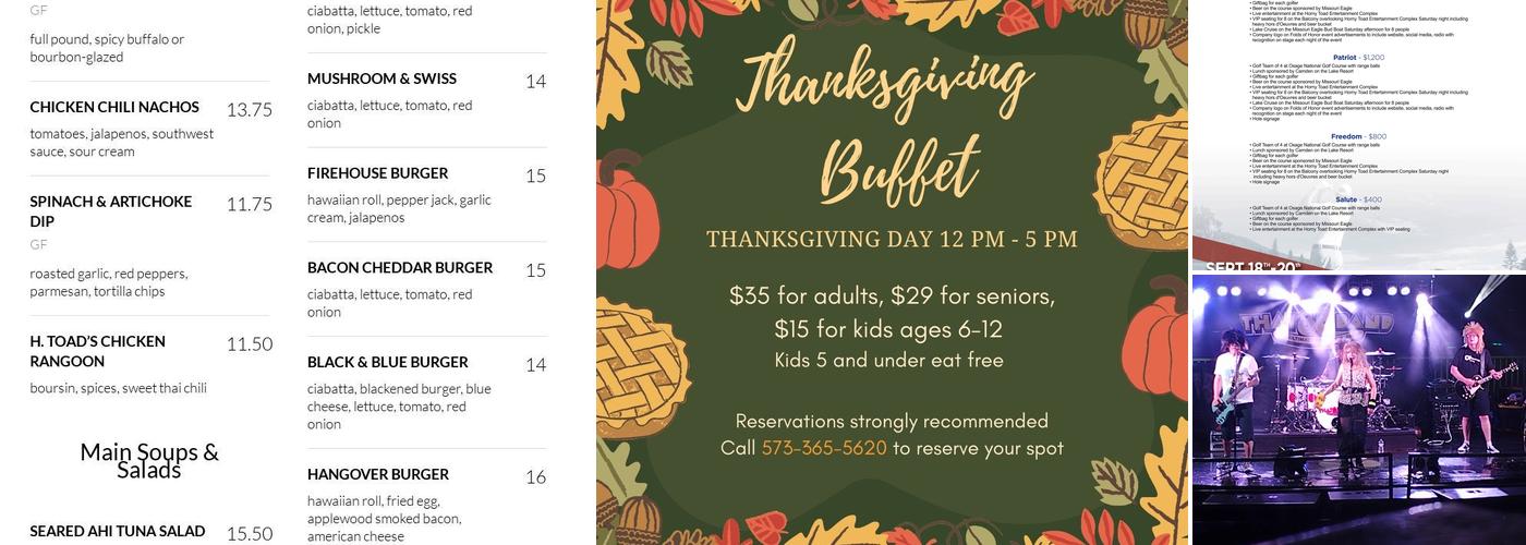 Horny Toad Entertainment Complex Menu