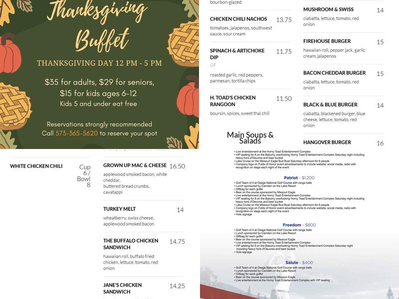 Horny Toad Entertainment Complex Menu