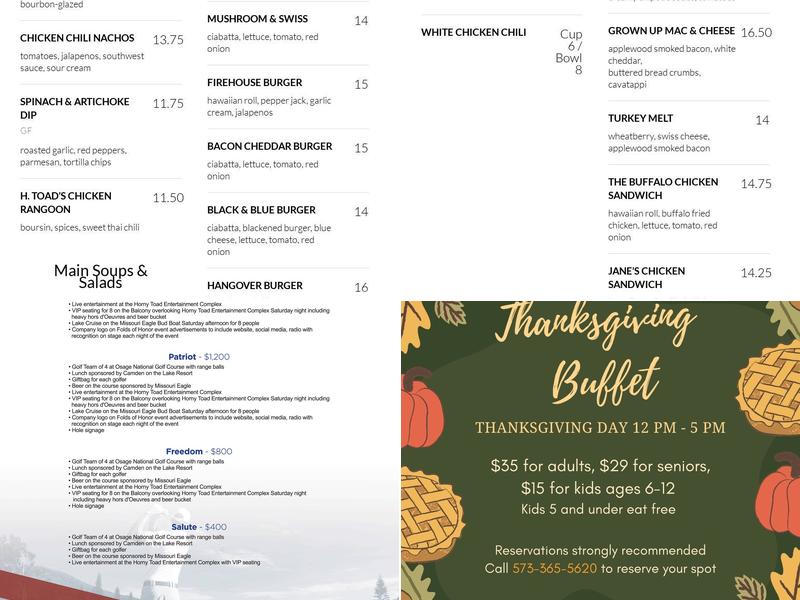 Horny Toad Entertainment Complex Menu