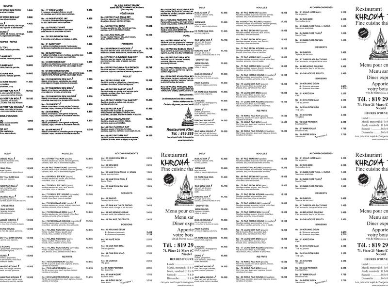 Restaurant Khroua Thai Menu