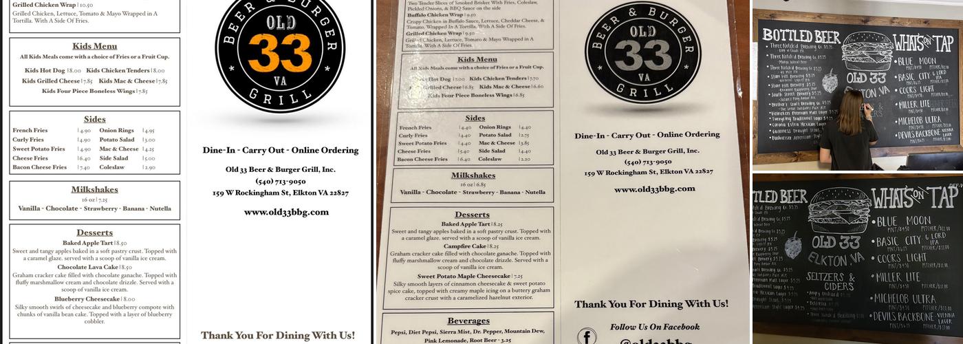 Old 33 Beer & Burger Grill, Inc. Menu