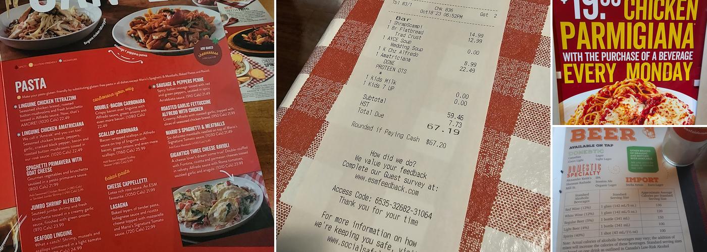 East Side Mario's Menu