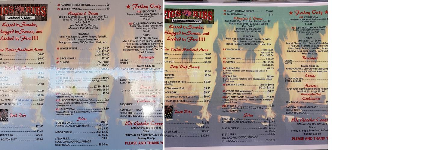 Zig's Ribbs Menu