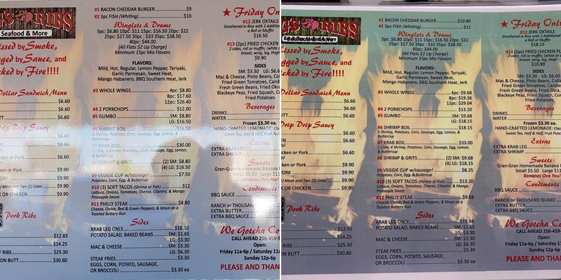 Zig's Ribbs Menu