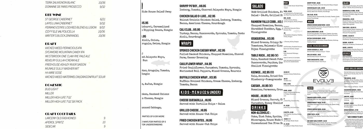 Evolve Kitchen + Table Menu