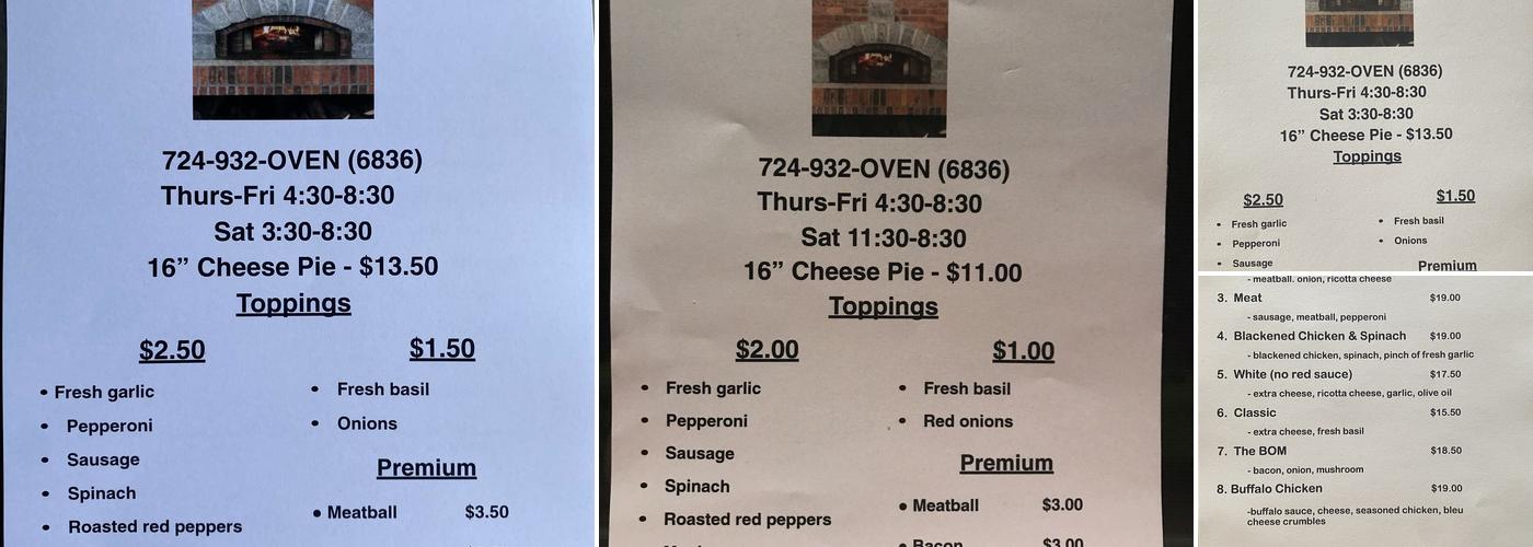 BrickStone Oven Menu