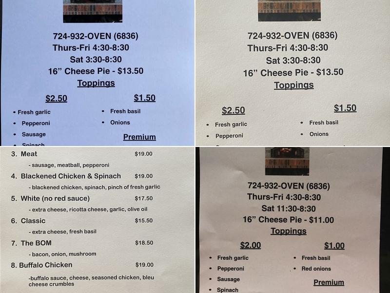 BrickStone Oven Menu