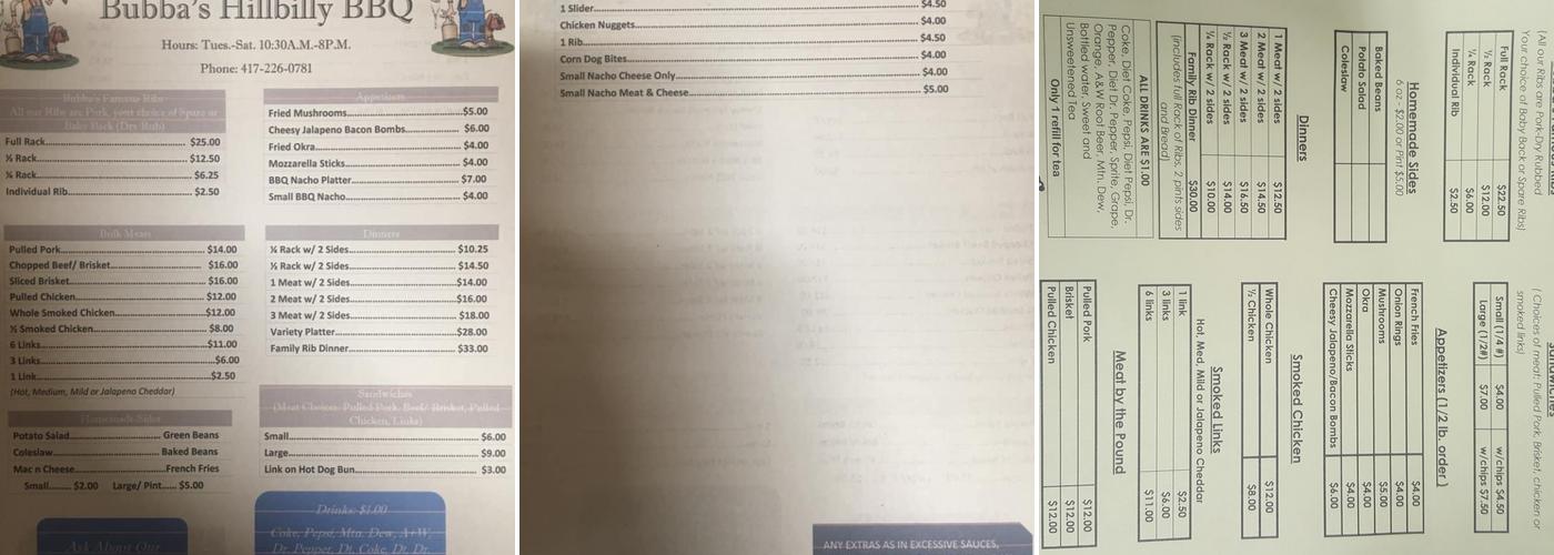 Bubbas Hillbilly bbq Menu