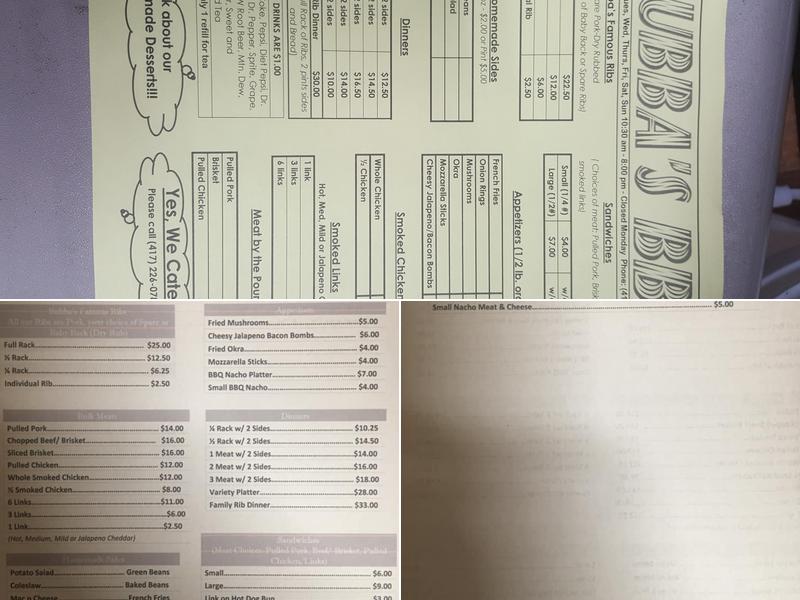Bubbas Hillbilly bbq Menu