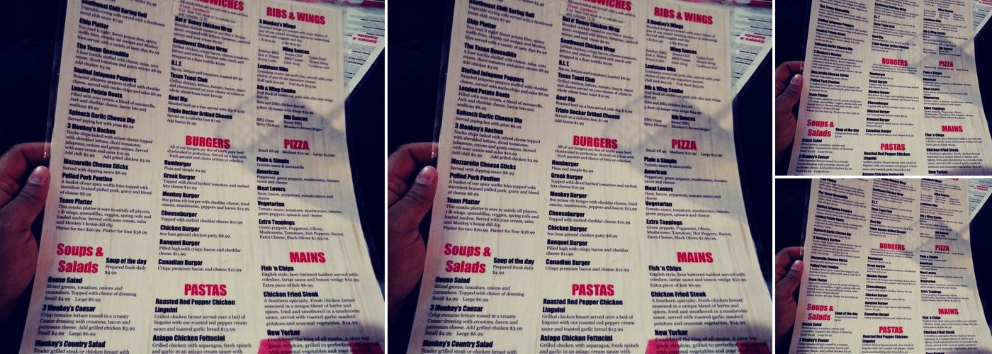 The Three Monkeys Pub Menu