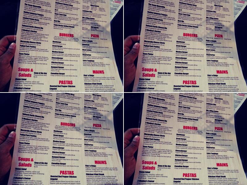 The Three Monkeys Pub Menu