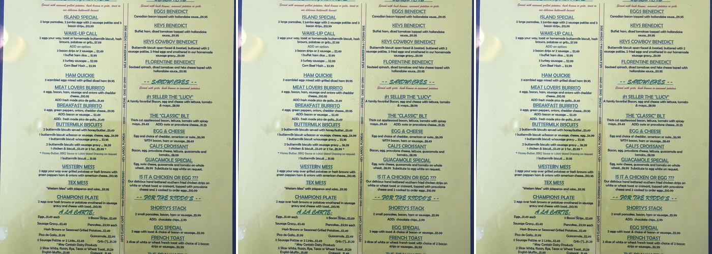 Key's Classic Cafe Menu