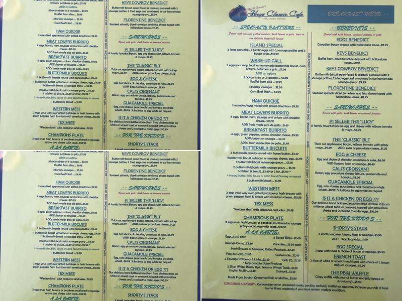 Key's Classic Cafe Menu