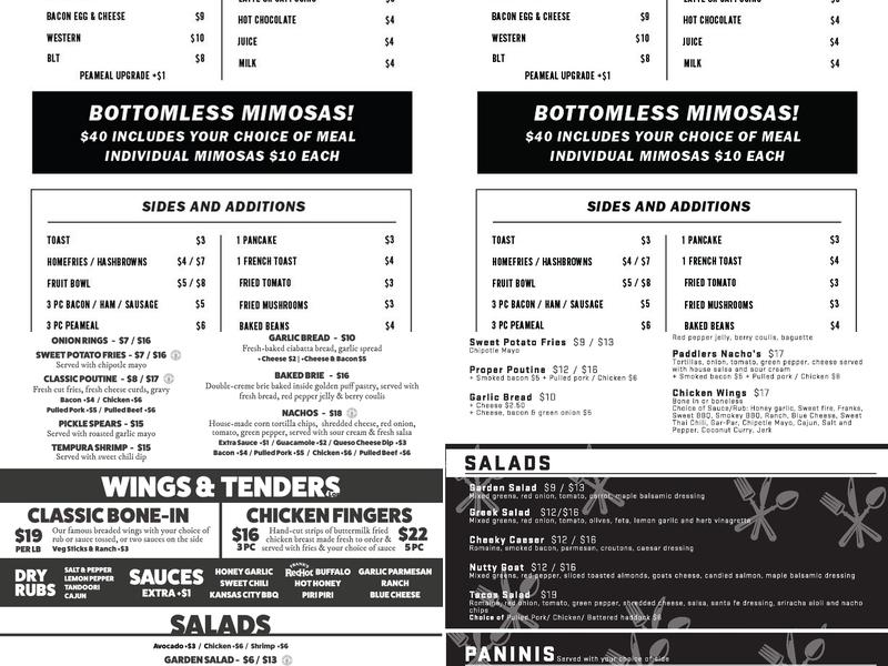 Canoe & Paddle Menu