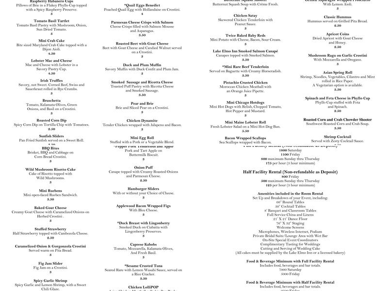 Lake Elmo Event Center Menu