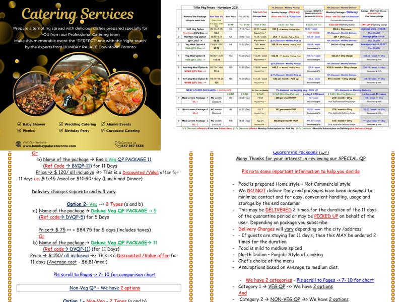 Bombay Palace Downtown Toronto - BP Tiffin Menu