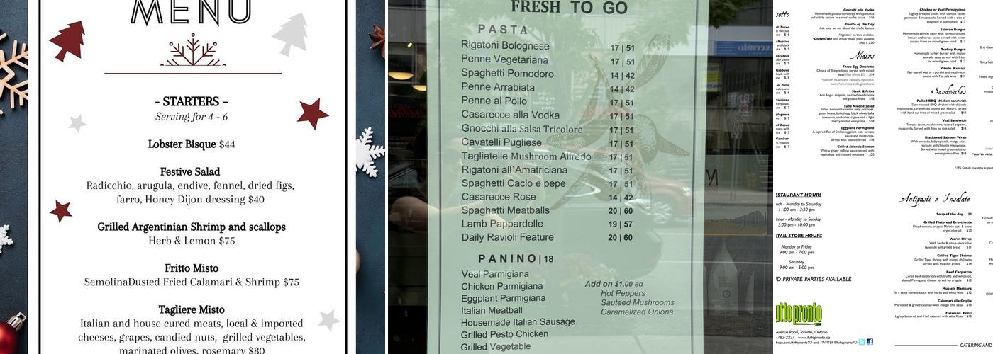 Tutto Pronto Bayview Menu