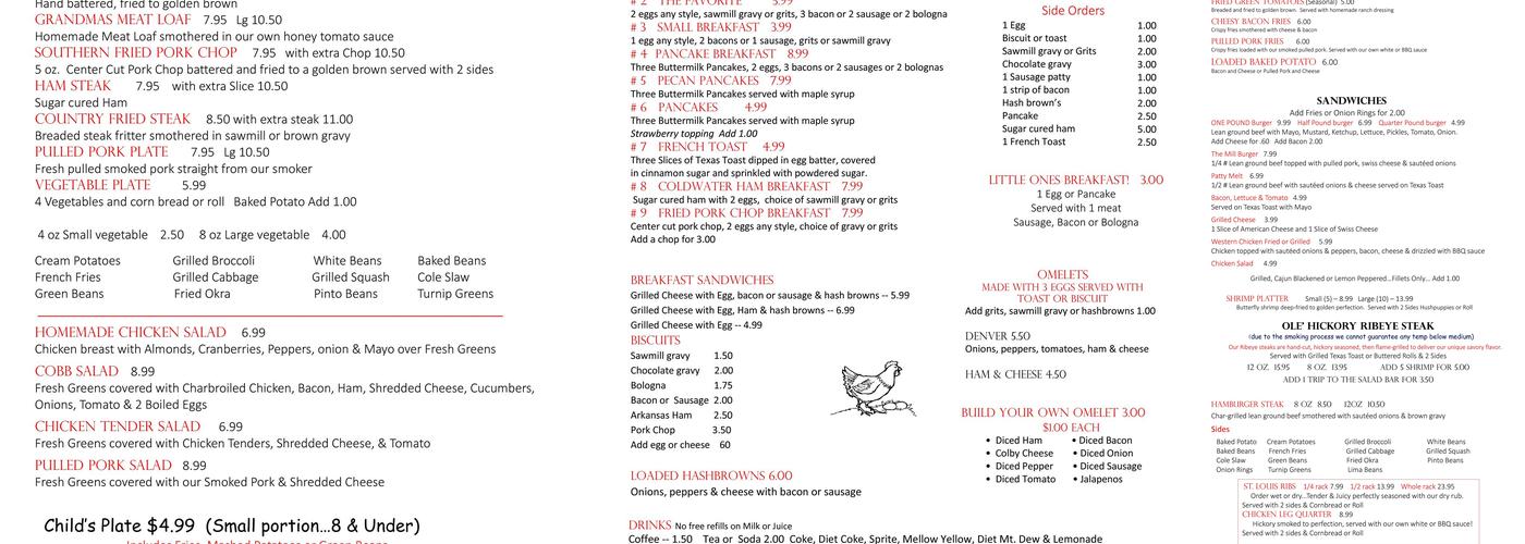Coldwater Mill Restaurant Menu