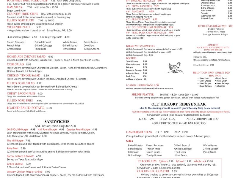Coldwater Mill Restaurant Menu
