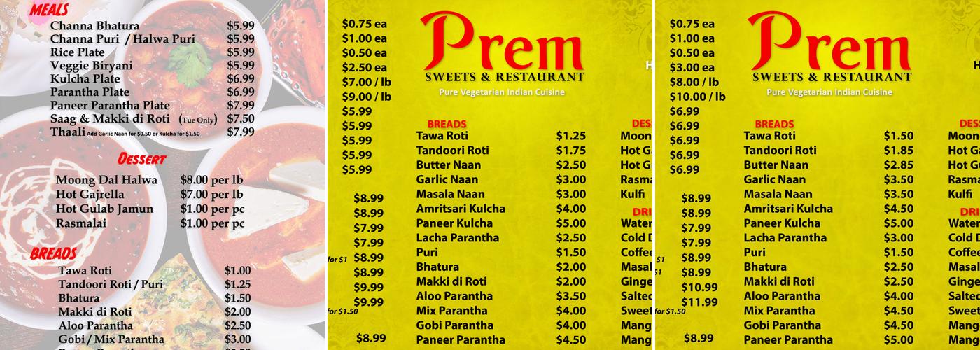 Prem Sweets Factory Menu