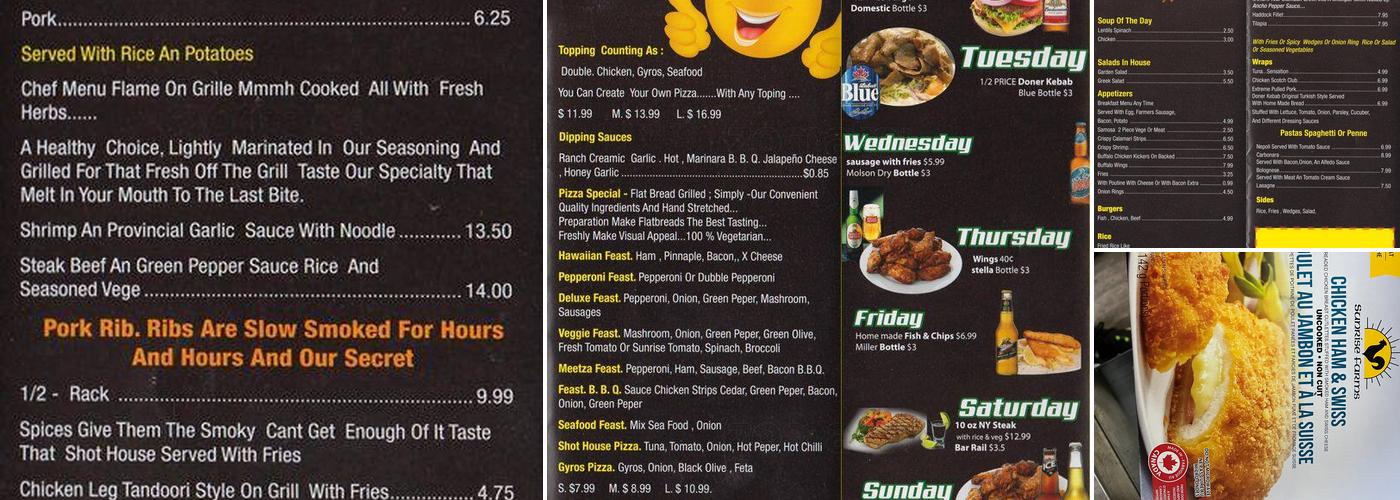 Shot House Bar & Grill Menu