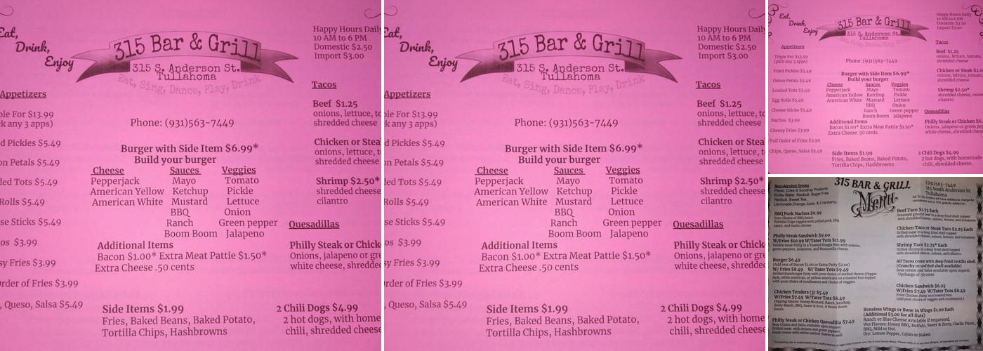 315 Bar and Grill Menu