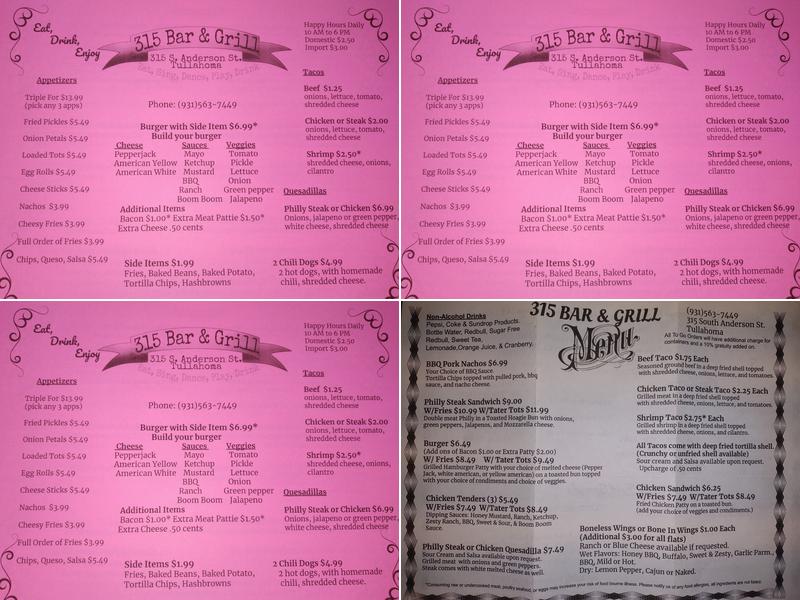 315 Bar and Grill Menu