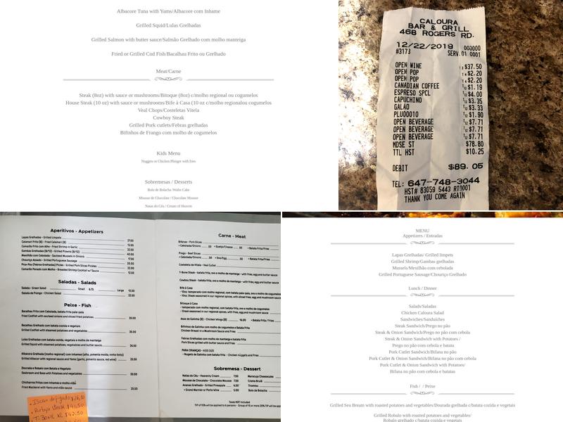Caloura Bar & Grill Menu