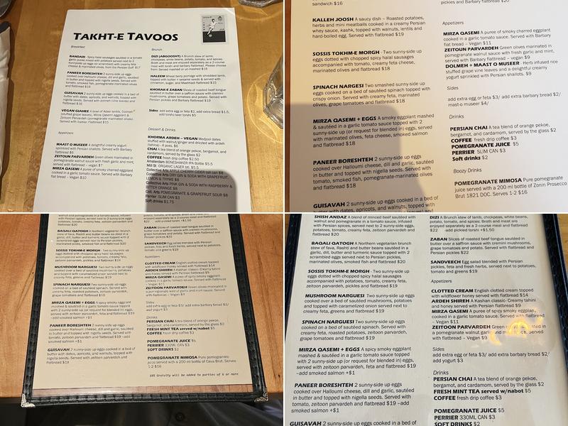 Takht-e Tavoos Restaurant Menu
