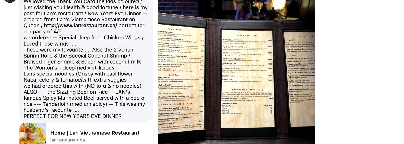 Lan Vietnamese Restaurant Menu
