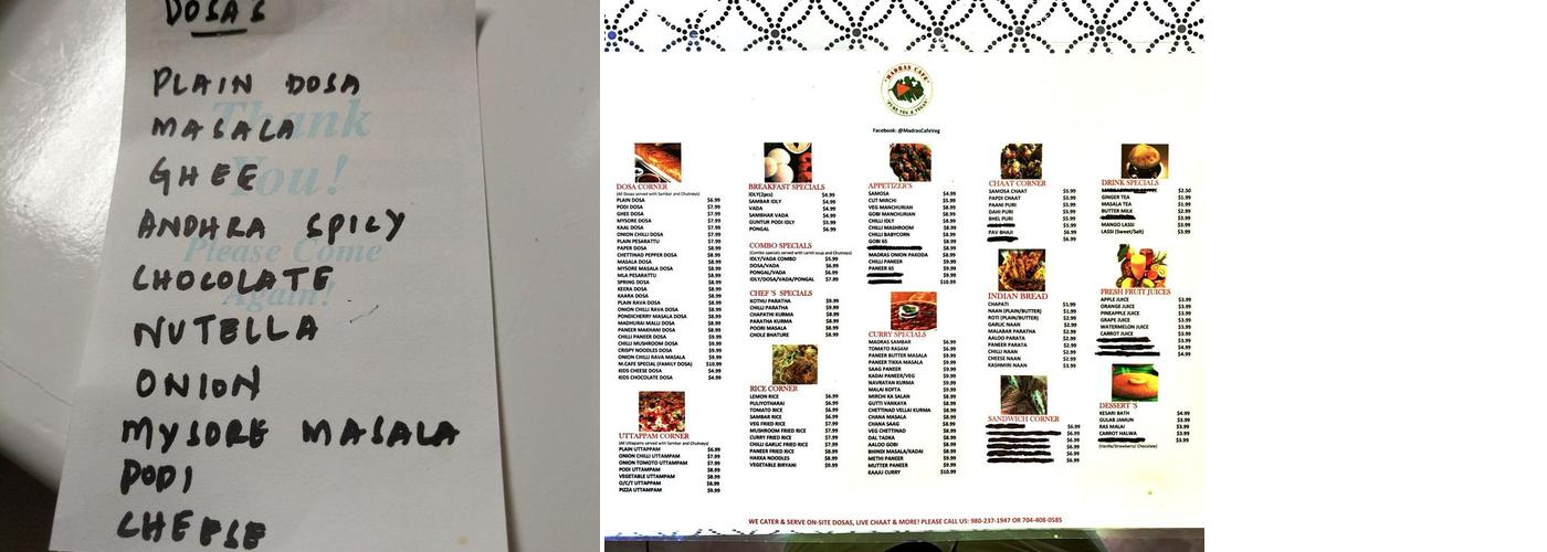 Madras cafe Menu