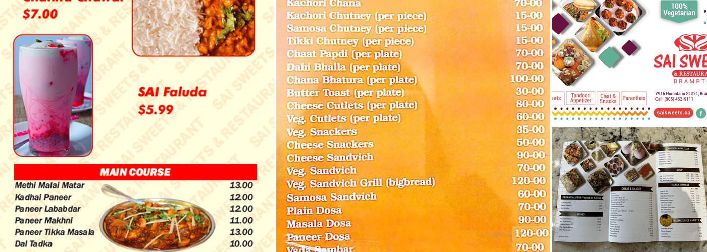 Sai Sweets and Restaurant, Pure Vegetarian Restaurant Menu