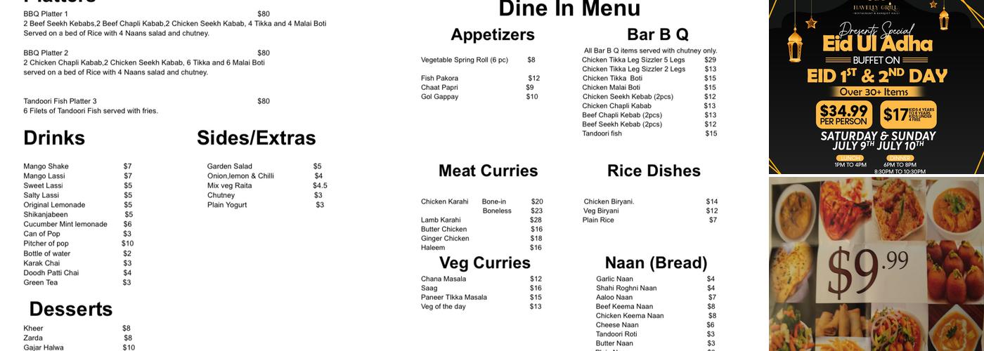 Havelly Grill Restaurant and Banquet Hall Menu