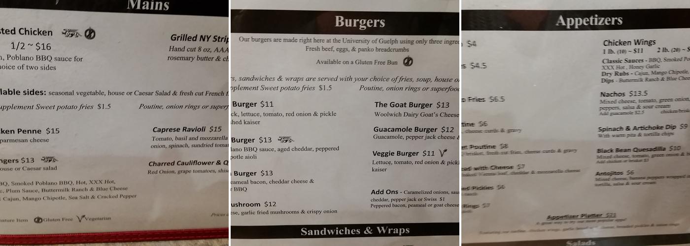 Gryphs Sports Lounge Menu