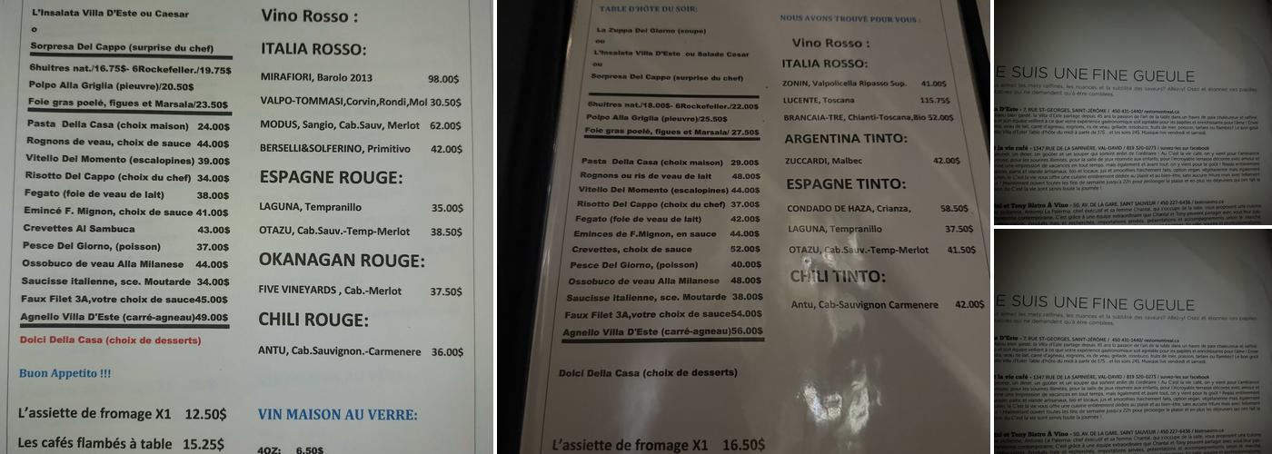 Restaurant Villa D'Este Menu