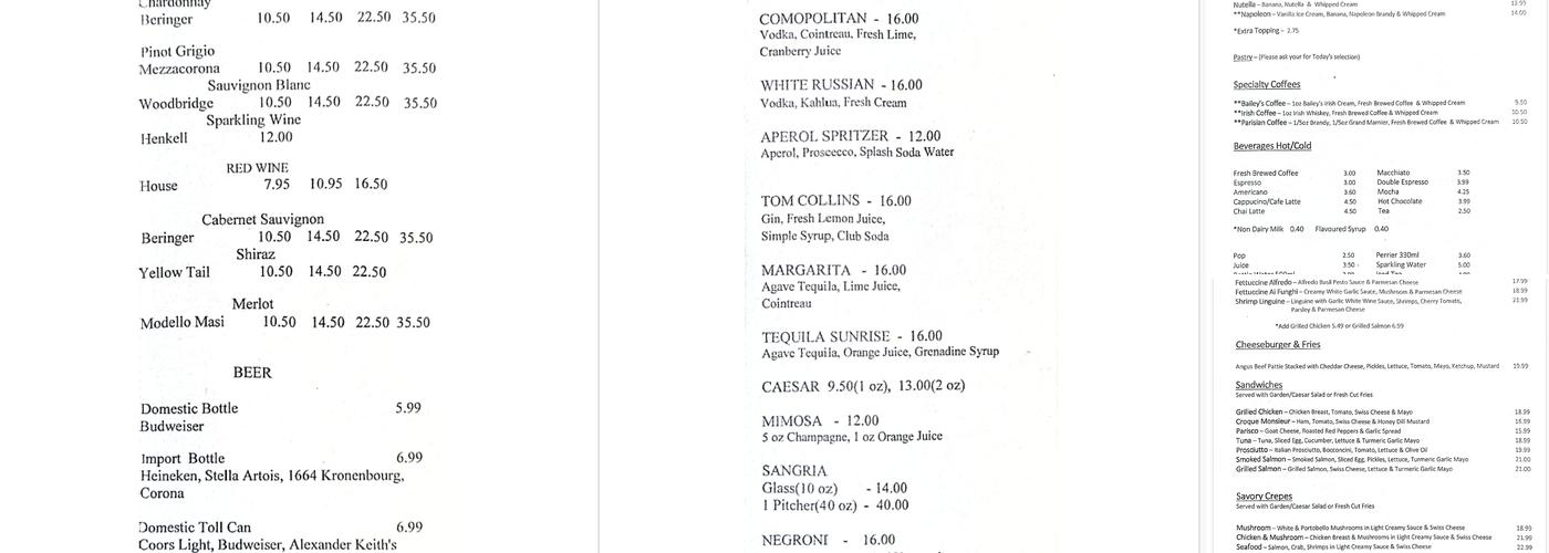Parisco Cafe Menu
