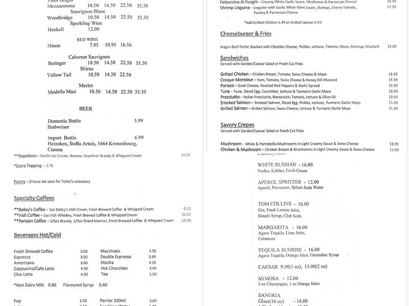 Parisco Cafe Menu